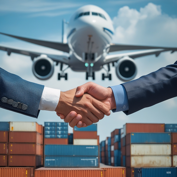 Business partnership handshake in front of cargo containers and airplanes, representing global trade, logistics, and international shipping collaboration. 